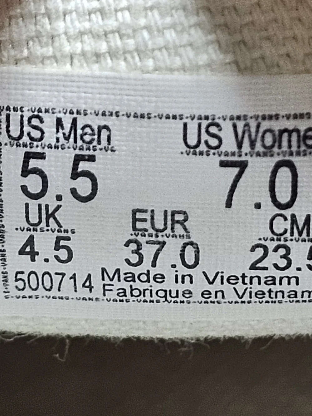 Vans‎ Size Label — White with Black Text